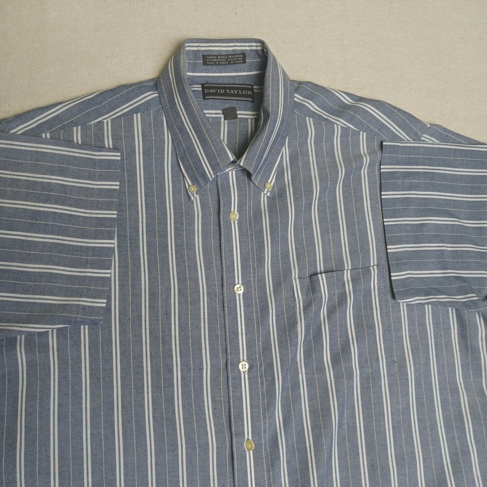 David Taylor Mens Blue White Striped Short Sleeve Button Down Shirt 17.5